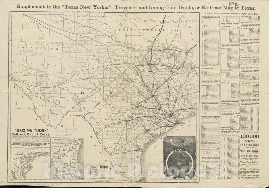 Historical Map, 1874 Texas New Yorker's Railroad map of Texas : Showing All Completed and Proposed Routes, with Principal Rivers, County Boundaries, Vintage Wall Art