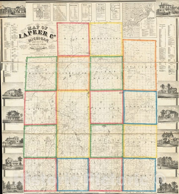 Historical Map, 1863 Map of Lapeer Co, Michigan, Vintage Wall Art