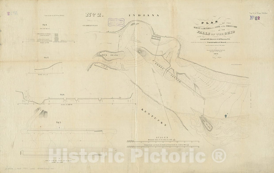 Historical Map, 1852 Plan of the survey and details of a canal in the Indiana side of the Falls of the Ohio, Vintage Wall Art