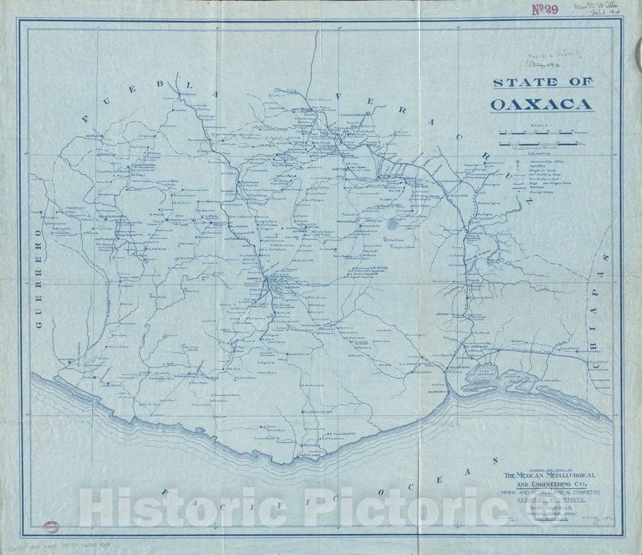 Historical Map, 1900-1914 State of Oaxaca, Vintage Wall Art