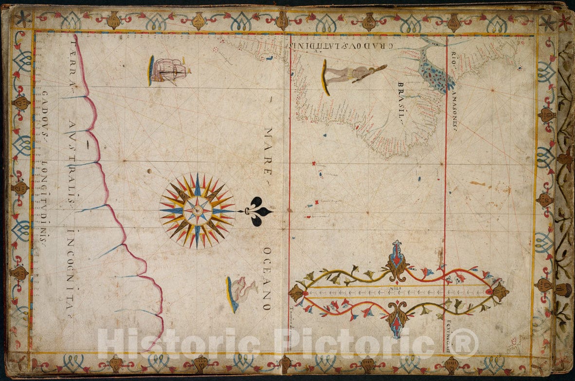 Historical Map, ca. 1620 Brazil and South Atlantic Ocean, Vintage Wall Art