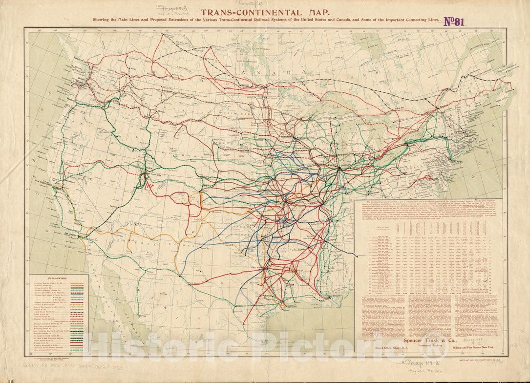 Historical Map, c.1906 Trans-Continental map : Showing The Main Lines and Proposed extentions of The Various Trans-Continental Railroad Systems of The Unites States, Vintage Wall Art