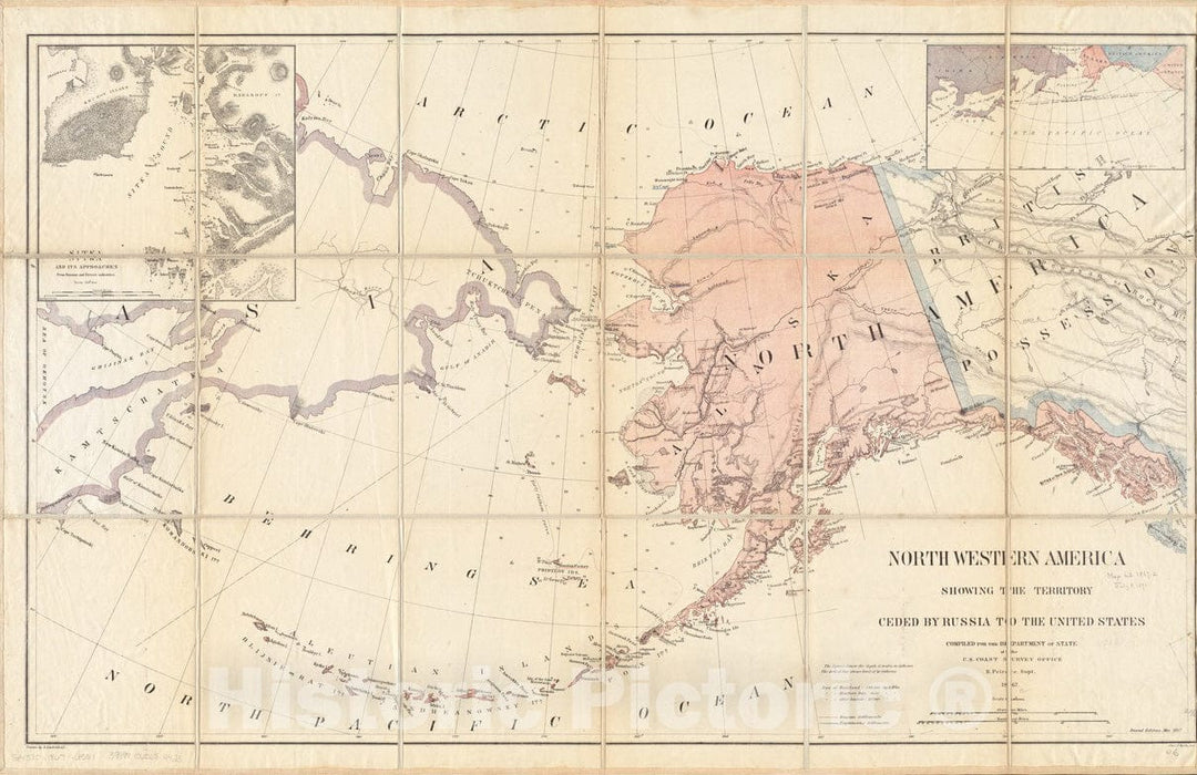 Historical Map, 1867 North Western America Showing The Territory ceded by Russia to The United States, Vintage Wall Art