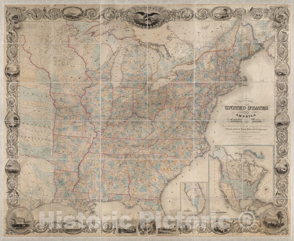 Historical Map, 1845 Map of The United States of America : Including Canada and a Large Portion of Texas Showing The Base Meridian and Township Lines of The U.S, Vintage Wall Art