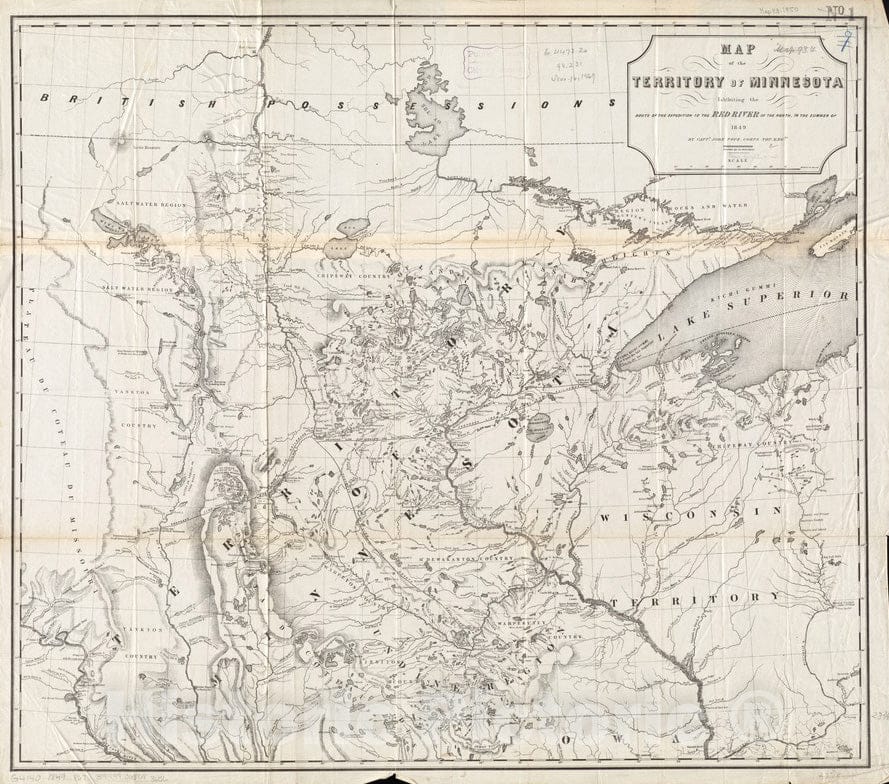 Historical Map, Map of The Territory of Minnesota exhibiting The Route of The Expedition to The Red River of The North, in The Summer of 1849, Vintage Wall Art