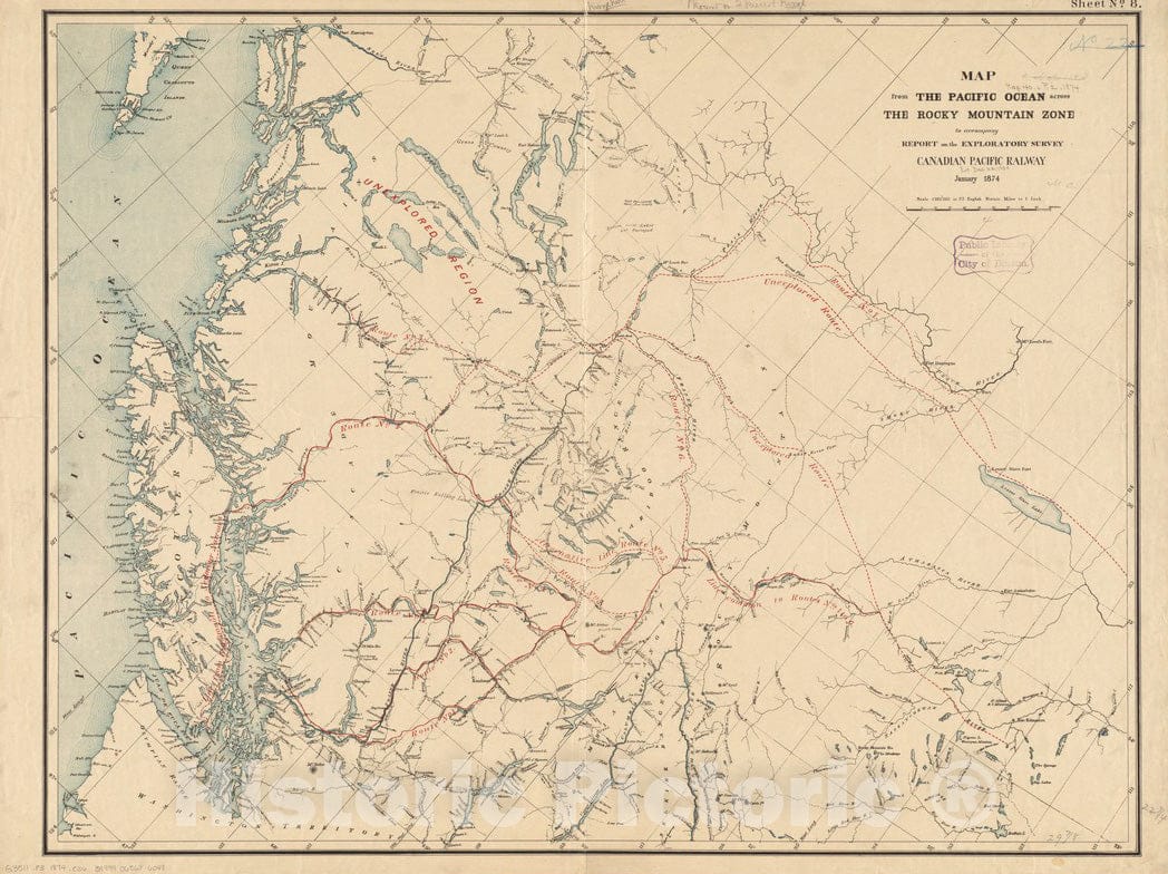 Historical Map, 1874 Map from The Pacific Ocean Across The Rocky Mountain Zone : to accompany Report on The exploratory Survey, Vintage Wall Art