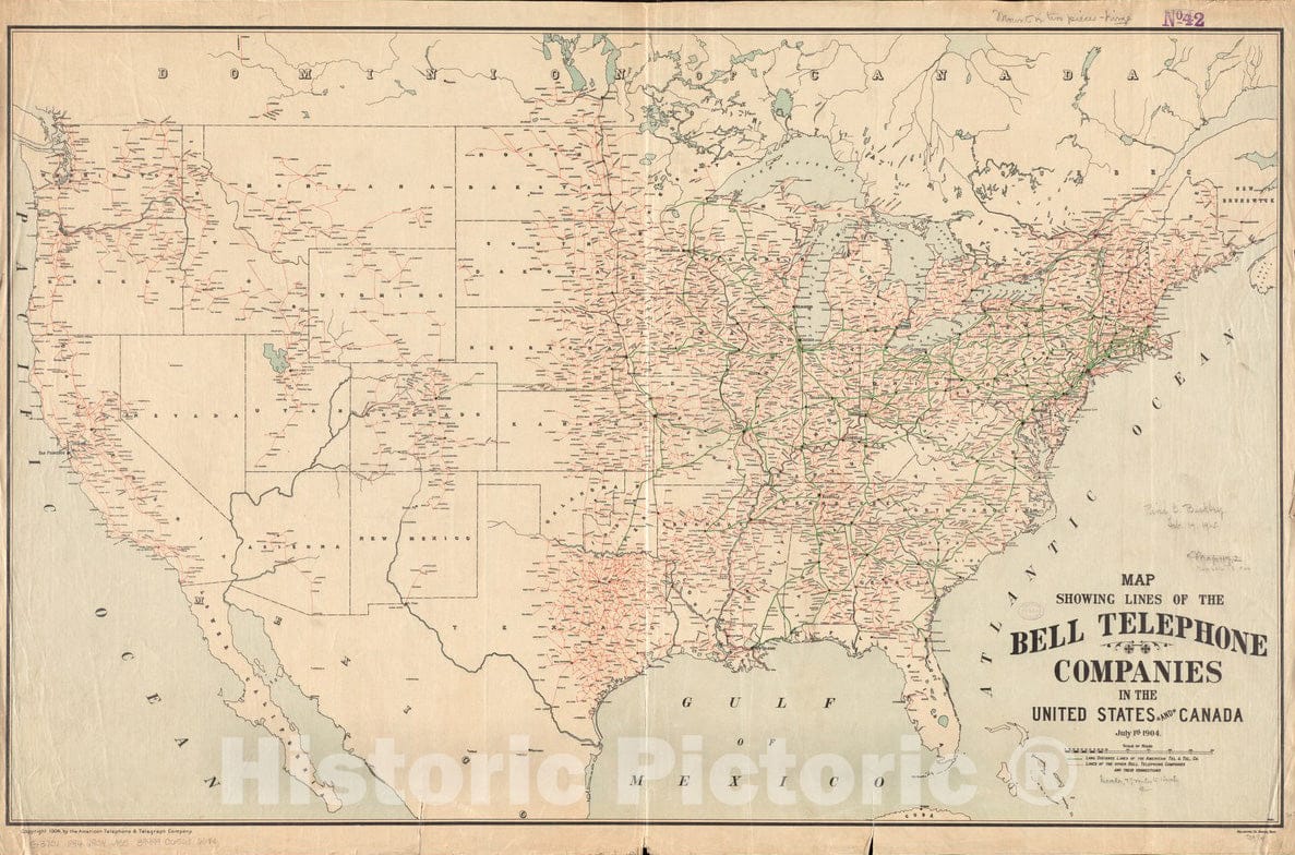 Historical Map, ca. 1904 Map Showing Lines of The Bell Telephone Companies in The United States and Canada : July 1st, 1904, Vintage Wall Art