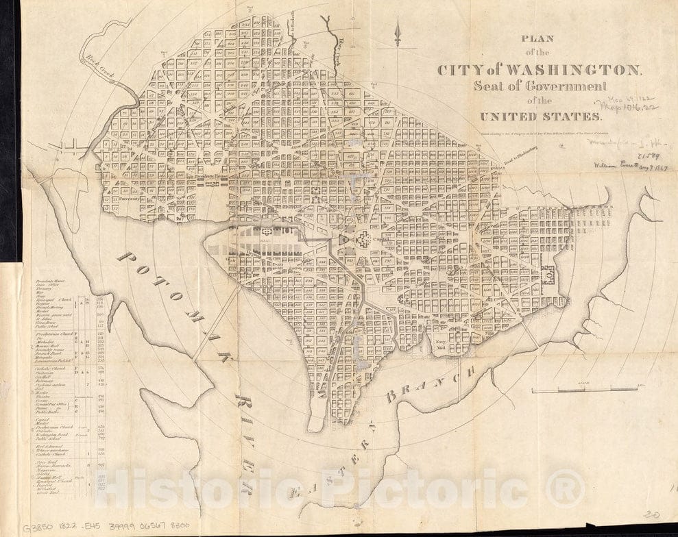 Historical Map, 1822 Plan of The City of Washington, seat of Government of The United States, Vintage Wall Art