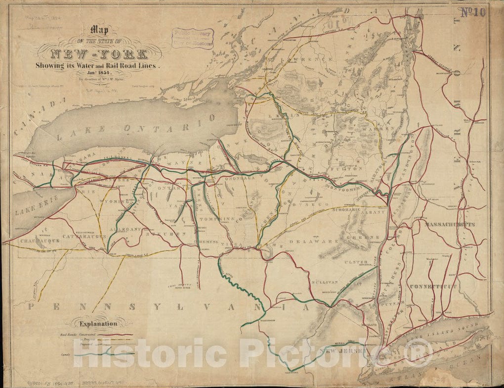 Historical Map, Map of the State of New-York : showing its water and rail road lines, Jany. 1854, Vintage Wall Art