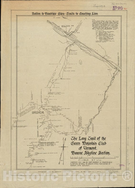 Historical Map, 1918 The Long Trail of The Green Mountain Club : Monroe Skyline Section : Bolton to Montclair Glen-Trails to Couching Lion, Vintage Wall Art