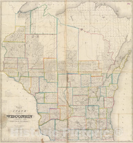Historical Map, 1857 The State of Wisconsin, Vintage Wall Art