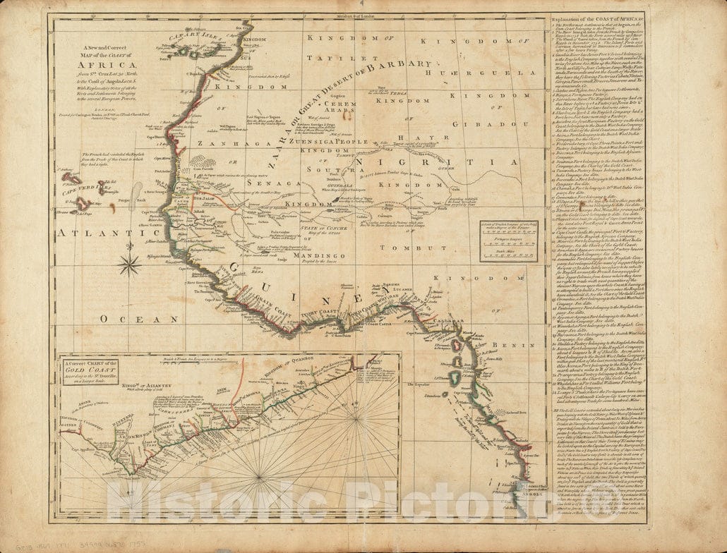 Historical Map, 1771 A new and correct map of the coast of Africa, from Sta. Cruz lat. 30 north. to the coast of Angola lat 11. S. with exPlanatory notes, Vintage Wall Art