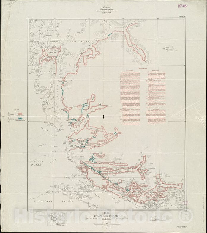 Historical Map, 1913 Coast and Islands Between Queen Charlotte Sound and Burke Channel, British Columbia, Vintage Wall Art