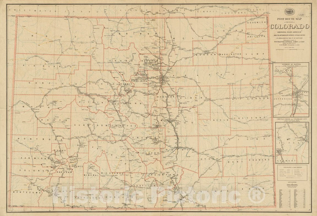 Historical Map, 1897 Post Route map of The State of Colorado Showing Post Offices with The Intermediate Distances on Mail Routes in Operation on The 1st of Sept. 1897, Vintage Wall Art