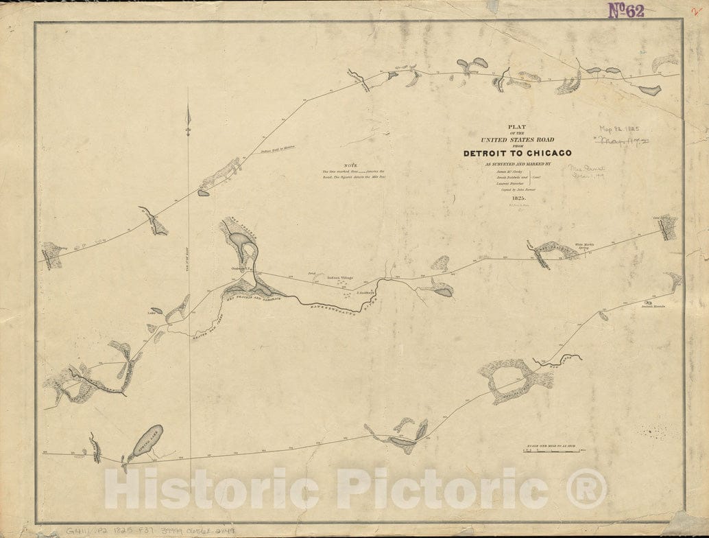 Historical Map, 1825 Plat of The United States Road from Detroit to Chicago [Sheet 2], Vintage Wall Art