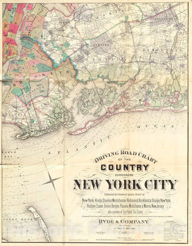 Historical Map, 1890 Driving Road Chart of The Country Surrounding New York City : embracing The Counties (or portions thereof) of New York, Kings, Queens, Vintage Wall Art