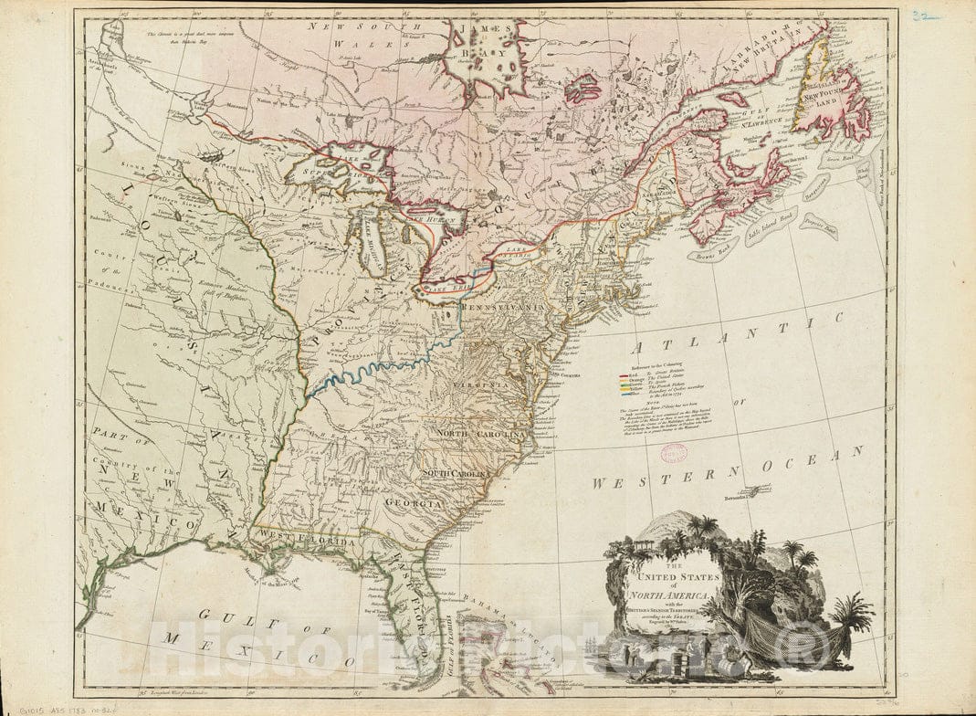 Historical Map, 1783 The United States of North America : with The British & Spanish Territories According to The Treaty, Vintage Wall Art