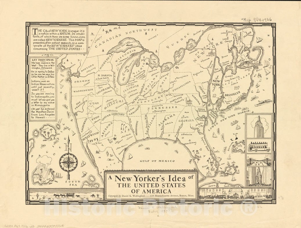 Historical Map, 1936 A New Yorker's idea of The United States of America, Vintage Wall Art