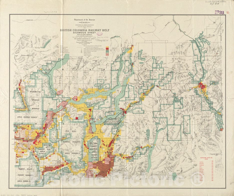 Historical Map, 1913 British Columbia railway belt : Sicamous sheet, west of sixth meridan : map showing the disposition of lands, Vintage Wall Art