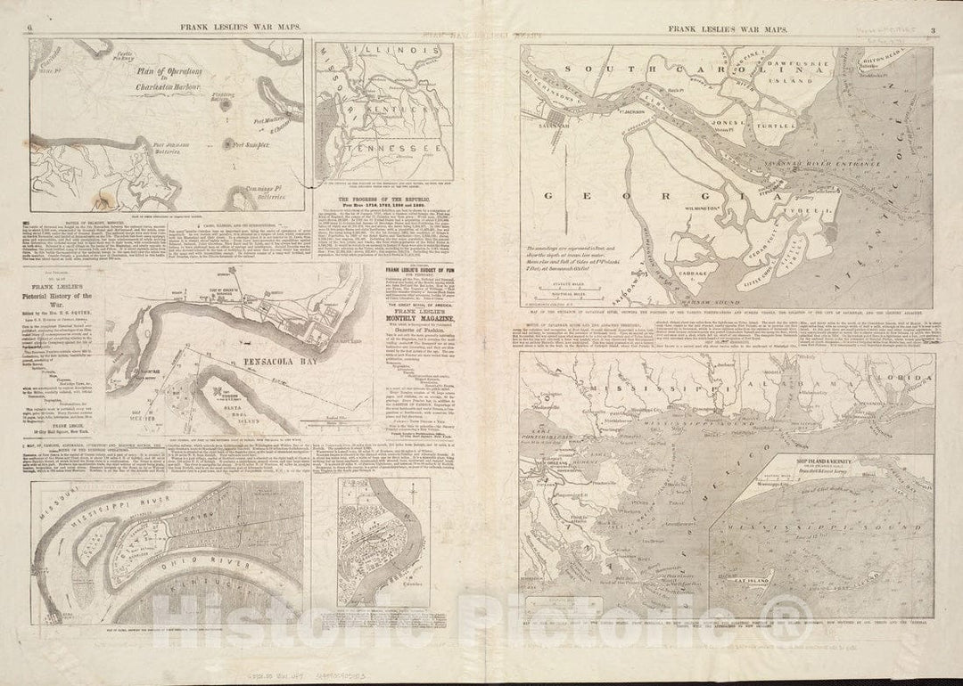 Historical Map, 1861 Frank Leslie's war maps and companion to the newspaper [pages 6 and 3], Vintage Wall Art