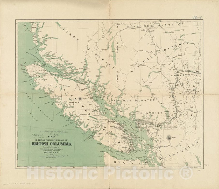 Historical Map, 1892 Map of The South-Western Part of British Columbia, Vintage Wall Art