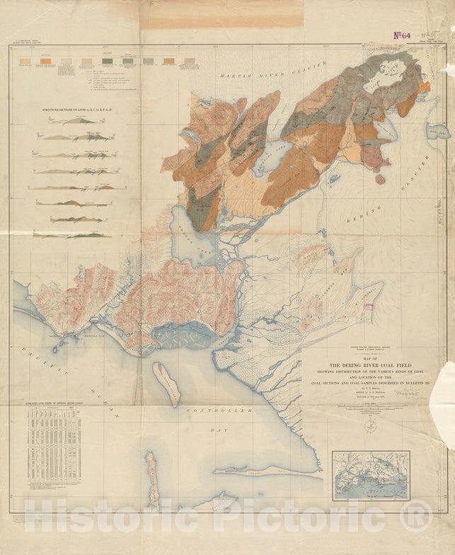 Historical Map, 1915 Map of The Bering River Coal Field : Showing Distribution of The Various Kinds of Coal and Location of The Coal Sections and Coal Samples, Vintage Wall Art