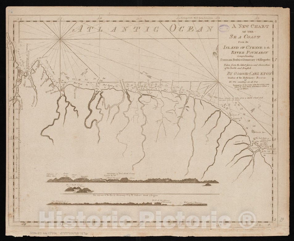 Historical Map, 1794 A New Chart of The sea Coast from The Island of Cyenne to The River Poumaron comprehending Surinam Berbice Demerary & Essequebo, Vintage Wall Art