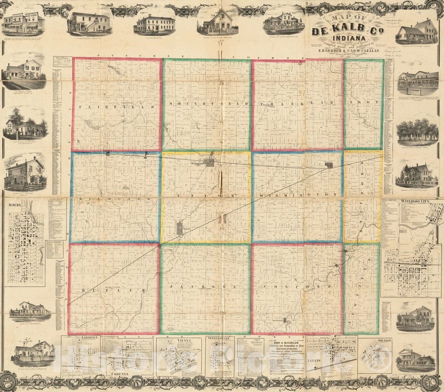 Historical Map, 1863 Map of De Kalb Co, Indiana, Vintage Wall Art