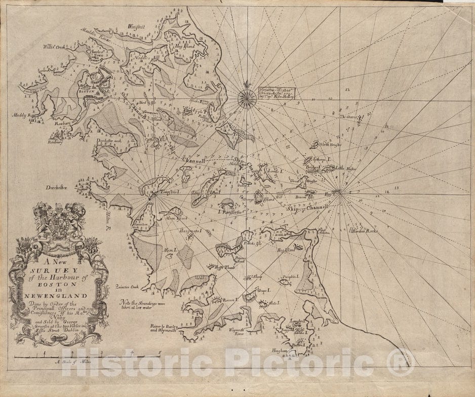 Historical Map, 1749 A New suruey of The Harbour of Boston in New England, Vintage Wall Art