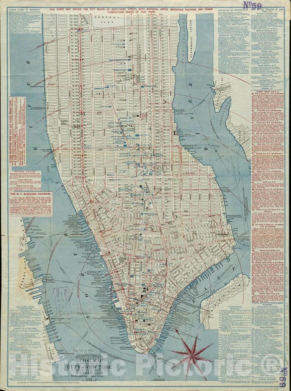 Historical Map, 1877 Citizens & Travelers Guide map in, to and from The City of New York and Adjacent Places, Vintage Wall Art