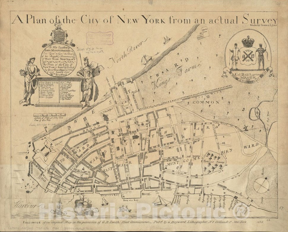 Historical Map, 1834 A Plan of the city of New York from an actual survey, Vintage Wall Art