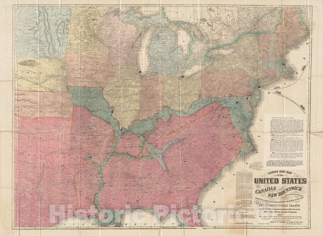 Historical Map, 1864 Lloyd's New map of The United States, The Canadas, and New Brunswick, from The Latest surveys Showing Every Railroad & Station, Vintage Wall Art