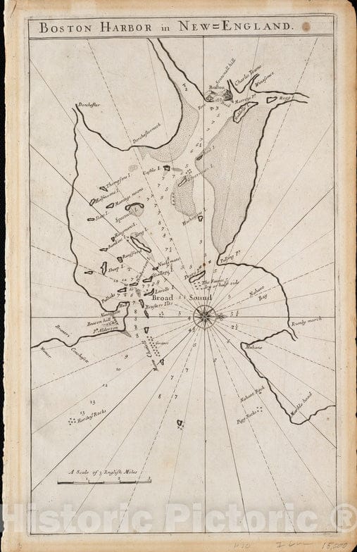 Historical Map, 1689 Boston Harbour in New England, Vintage Wall Art