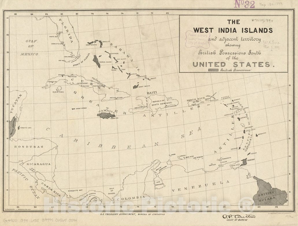 Historical Map, 1890-1899 The West India Islands and Adjacent Territory Showing British Possessions South of The United States, Vintage Wall Art