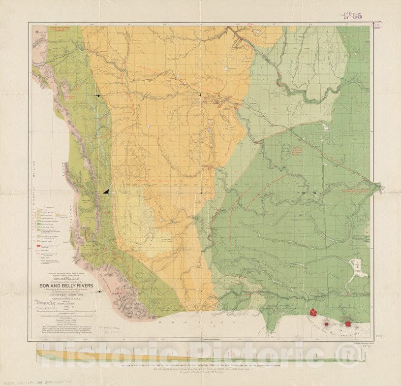 Historical Map, 1884 Geological map of The Region in The Vicinity of The Bow and Belly Rivers : embracing The Southern Portion of The District of Alberta, Vintage Wall Art