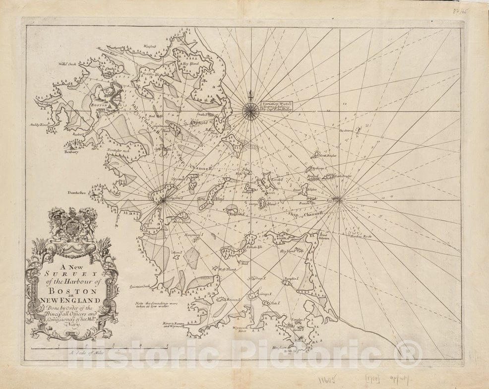 Historical Map, 1708 A New Survey of The Harbour of Boston in New England : Done by Order of The principall Officers and comissioners of Her Maties. Navy, Vintage Wall Art