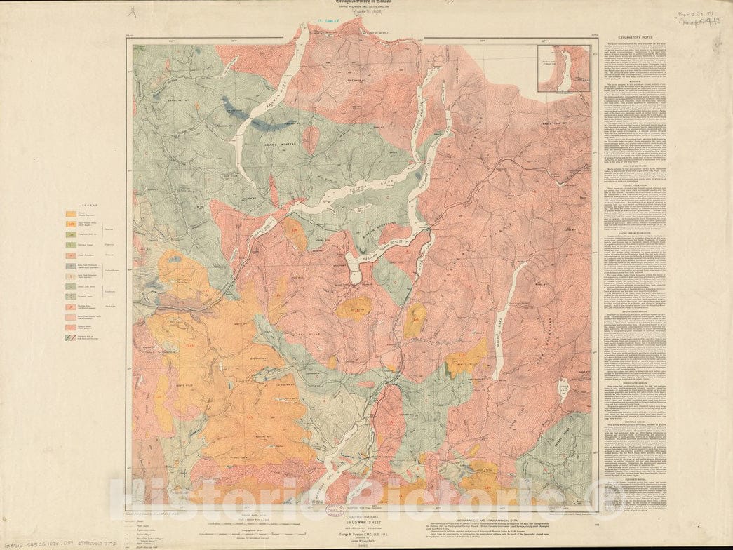 Historical Map, 1898 British Columbia, Shuswap Sheet : geologically Coloured, Vintage Wall Art