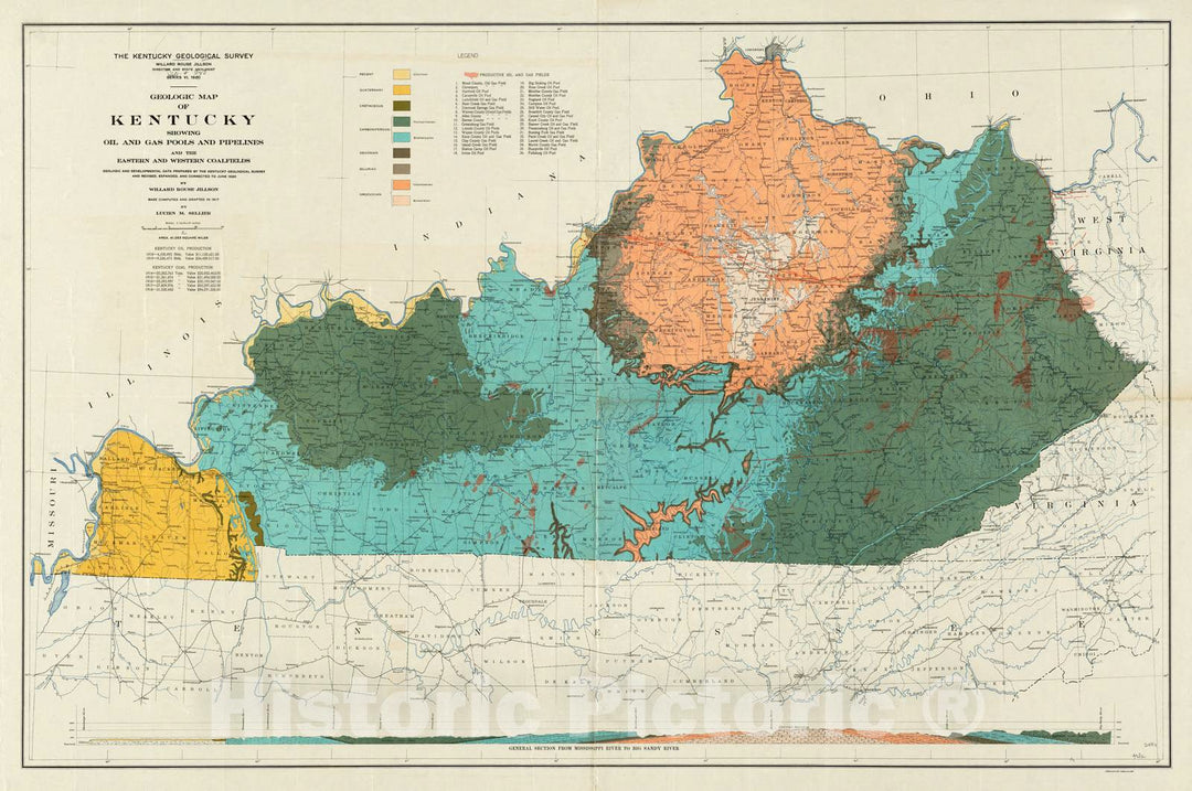 Historical Map, 1920 Geologic map of Kentucky : Showing Oil and Gas Pools and Pipelines and The Eastern and Western coalfields, Vintage Wall Art