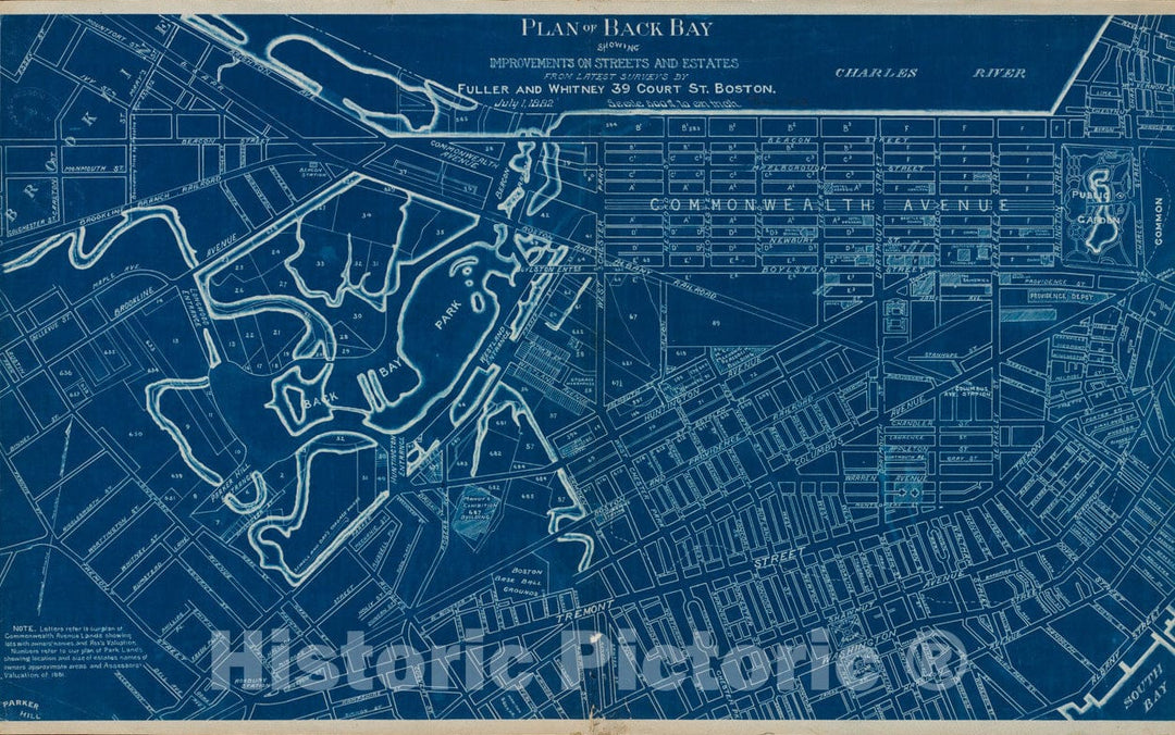 Historical Map, 1882 Plan of Back Bay Showing improvements on Streets and Estates, Vintage Wall Art