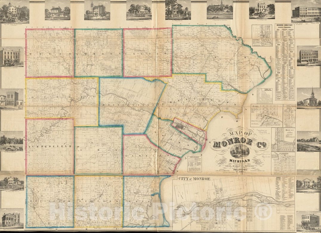 Historical Map, 1859 Map of Monroe County, Michigan, Vintage Wall Art