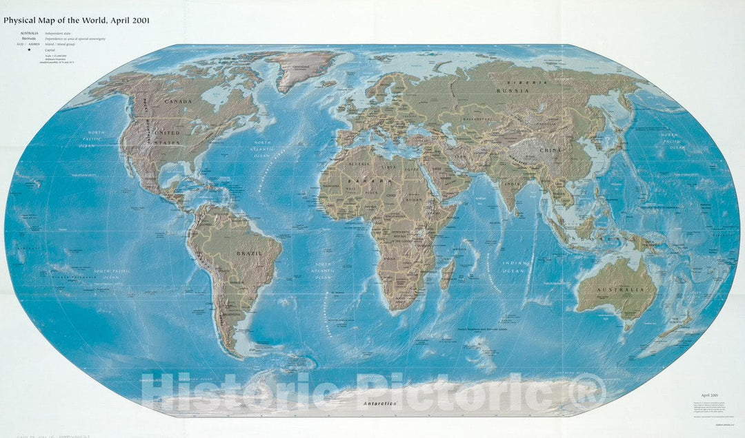 Historical Map, 2001 Physical map of the world, April 2001, Vintage Wall Art