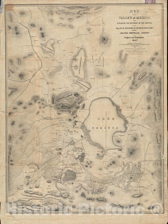 Historical Map, 1847 Map of The Valley of Mexico with a Plan of The defences of The Capital and The line of Operations of The United States Army, 1847, Vintage Wall Art