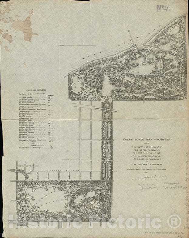 Historical Map, 1871 Chicago South Park Commission Plan of The South Open Ground, The Upper Plaisance, The Midway Plaisance, The Lake Open Ground, Vintage Wall Art