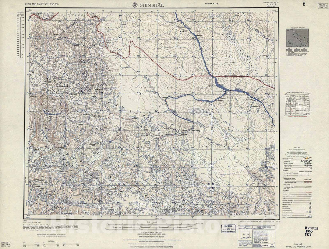 Historic 1955 Map - India and Pakistan 1:250,000. - Shimshal, Jammu and Kashmir,China 1959