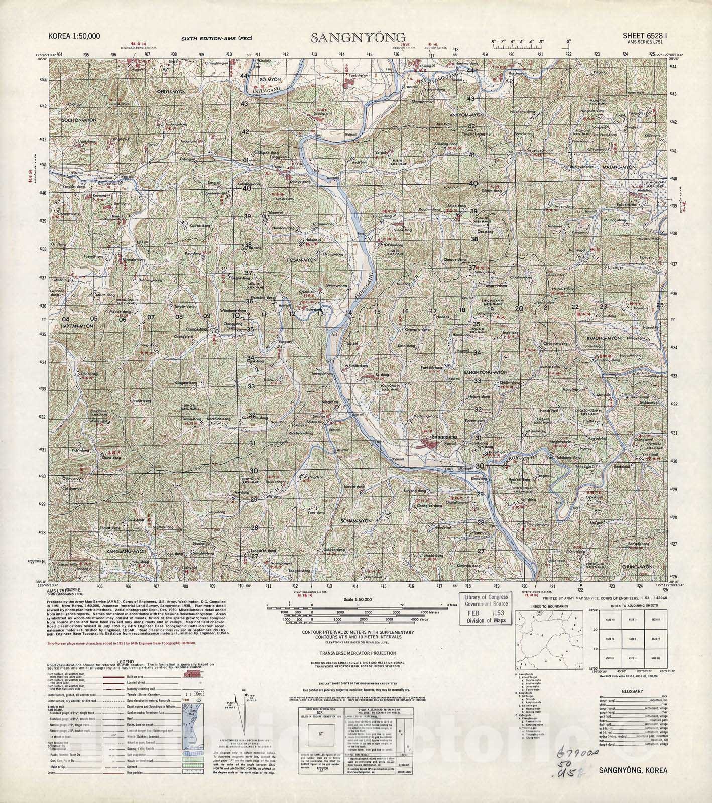 Historic 1945 Map - Korea 1:50,000 - Sangnyong, 1953 - Series L751