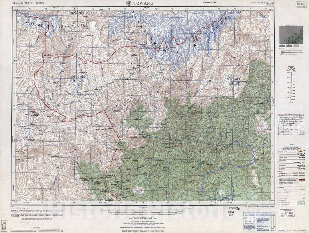 Historic 1955 Map - India and Pakistan 1:250,000. - Towang, India, Bhutan,China 1961