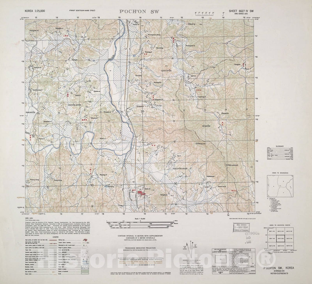 Historic 1952 Map - Korea 1:25,000 - P'och'on SW - Series L851