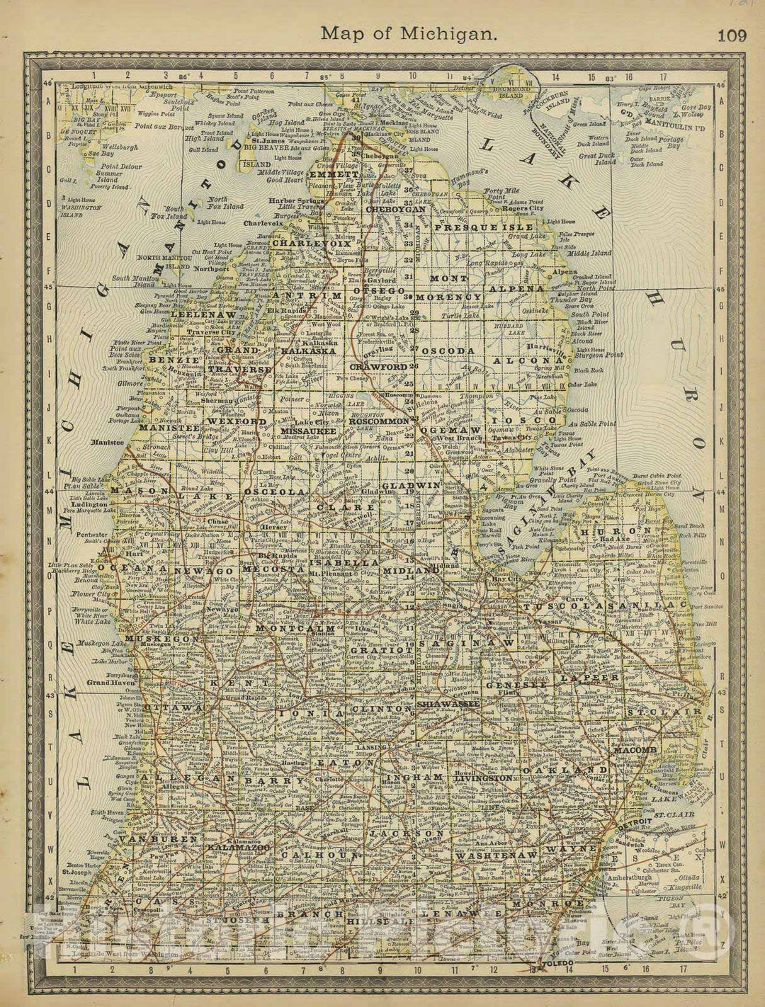 Historic 1882 Map - Historical Hand-Atlas, Illustrated - Map of Michigan - Historical Hand Atlas, Illustrated, General & Local