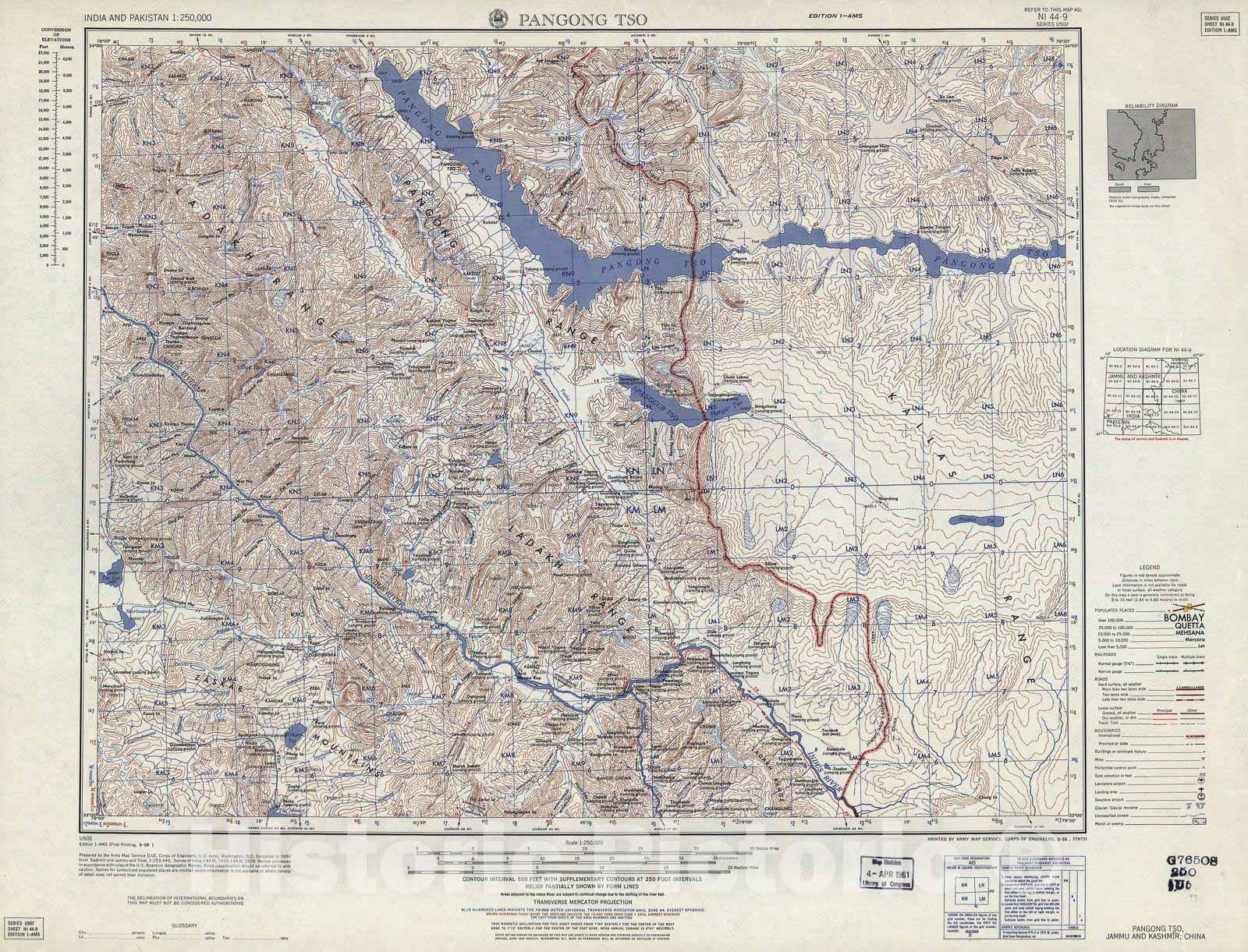 Historic 1955 Map - India and Pakistan 1:250,000. - Pangong Tso, Jammu and Kashmir, China 1963