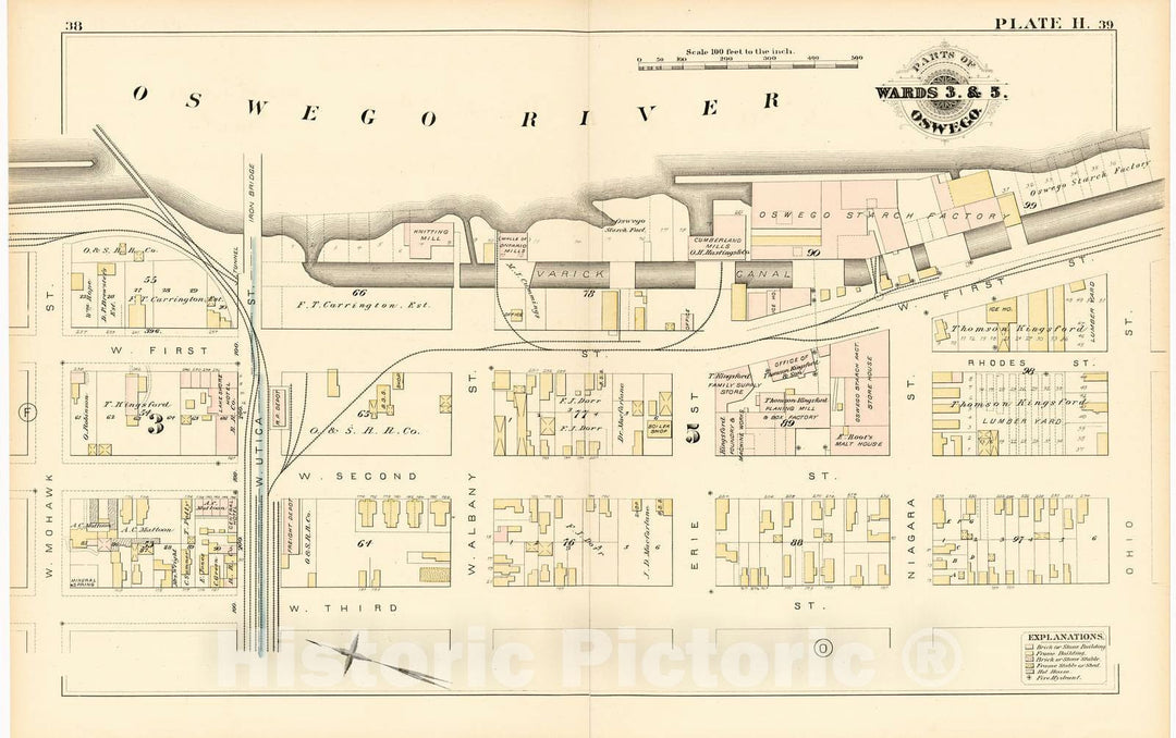 Historic 1880 Map - City Atlas of Oswego, New York - Part of Wards 3 & 5. Oswego. Plate H. - Atlas of The City of Oswego N.Y.